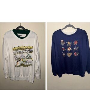 Basic Editions White and Blue Graphic Sweaters